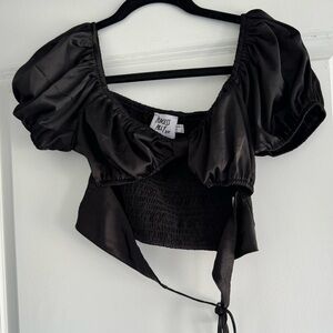 Princess Polly Black Satin Cropped Tied Shirt